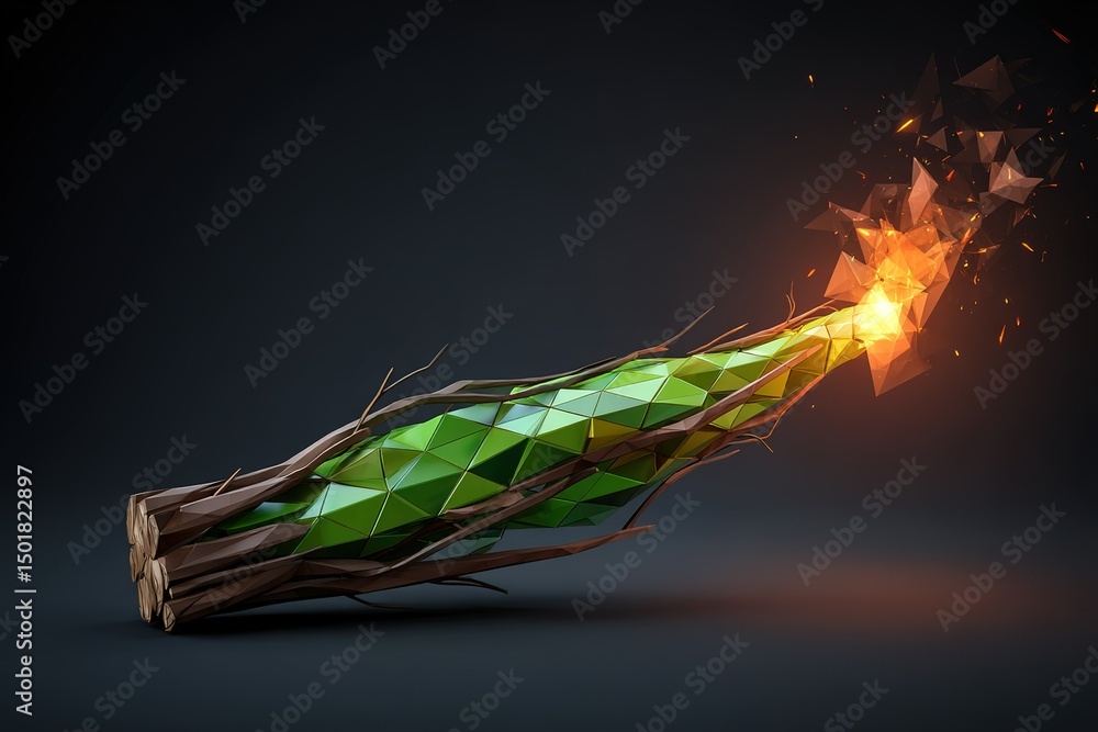 Poster creative 3d rendering of a geometric green object emerging from wooden logs with dynamic flames and 