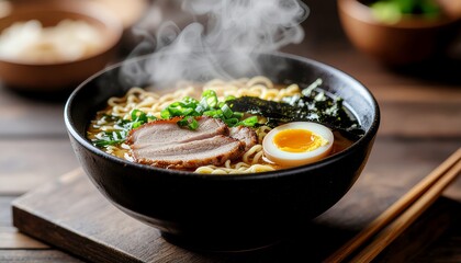 A steaming bowl of delicious ramen is presented close-up, showcasing the ingredients with natural light. Wooden chopsticks are placed on the side.