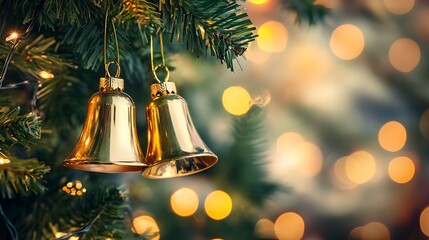 Golden Christmas bells hang from a tree.