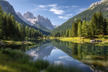 Serene mountain lake reflection on white background isolated on white background