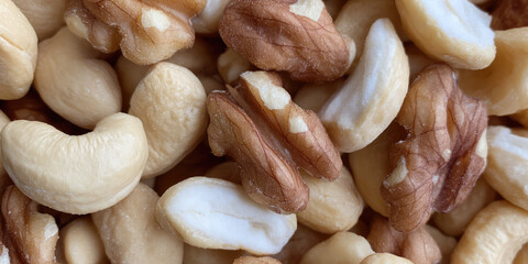 Cashews and walnuts are scattered together, showcasing mixed nuts. Healthy eating, snack, nutrition, natural foods