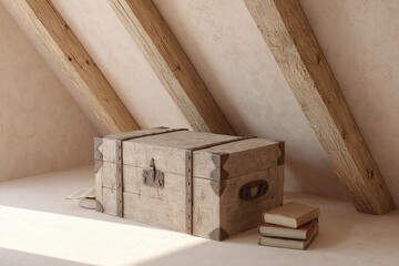 Wooden chest in rustic attic with books illuminated by sunlight during the day
