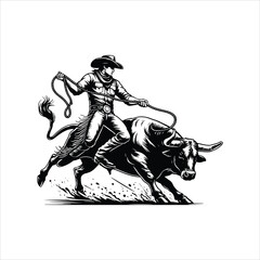 Naklejka premium Bull Rodeo Showdown – Cowboy Riding a Bucking Bull in Action