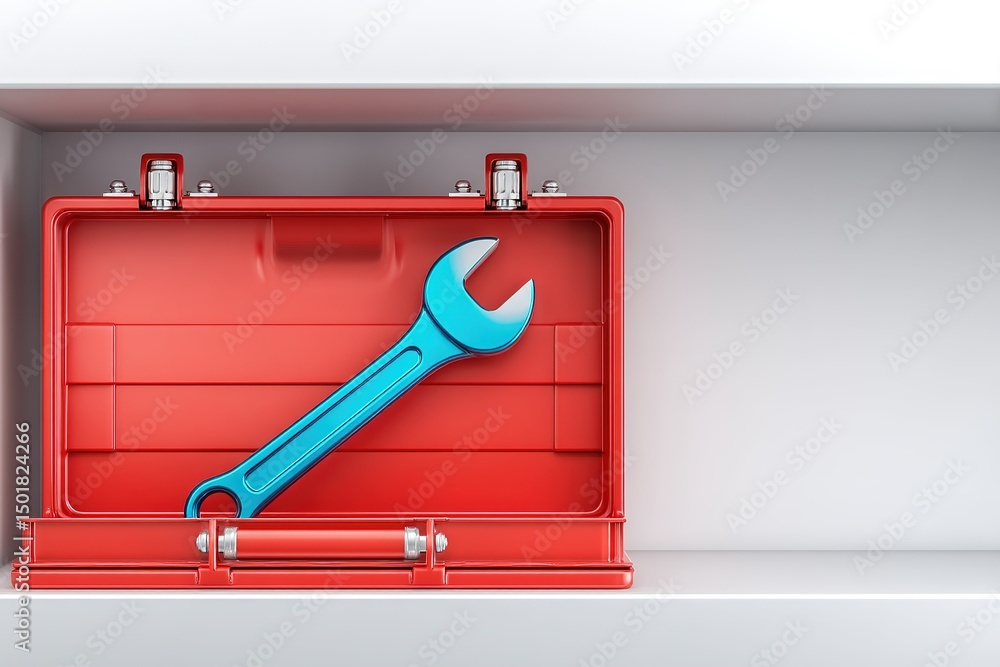 Aufkleber bright blue wrench placed on red toolbox nestled on shelf in well-organized workspace setting