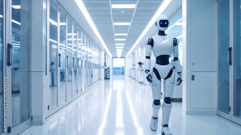 Poster futuristic robot walking in a modern white corridor with advanced technology and design