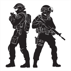 Silhouette vector set of American soldier holding gun. On white background