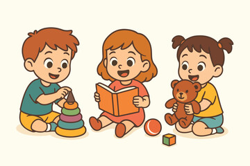 Kids Playing, Learning, Education, Books and School Supplies, Children's Distance Learning, Bright Colors and Happy Expressions, Vector Illustration
