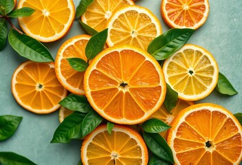 Vibrant citrus fruit slices & leaves, overhead view, healthy, wallpaper