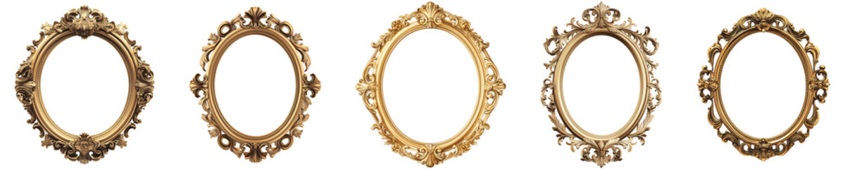 Five different ornate golden oval frames showcase unique decorative flourishes on transparent background