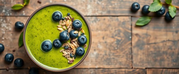 Vibrant green smoothie bowl topped with blueberries & seeds, rustic background, green smoothie bowl, foodie