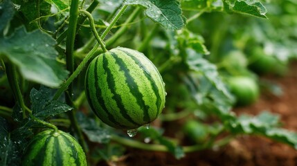 Close-up of a Young Watermelon Growing on the Vine in a Garden Patch with Green Leaves and Water Droplets in Natural Light