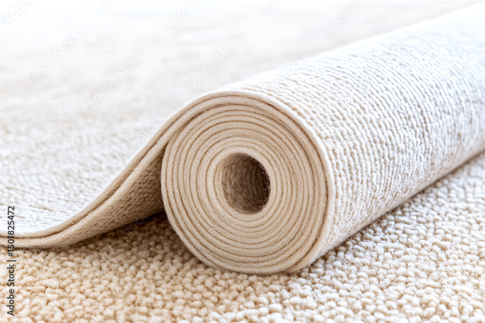 Poster close-up of a rolled beige carpet on top of a matching carpet, showcasing texture and depth in inter