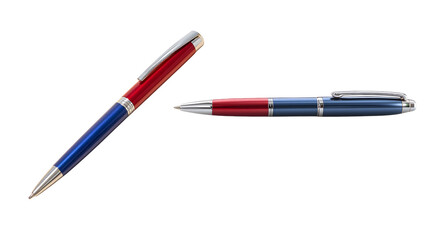 Two stylish pens in red and blue with silver accents, perfect for writing and signing documents isolated on transparent background