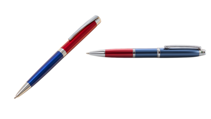 Two stylish pens in red and blue with silver accents, perfect for writing and signing documents isolated on transparent background
