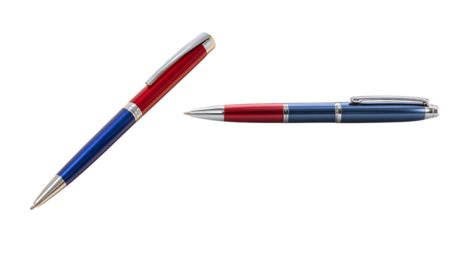Two stylish pens in red and blue with silver accents, perfect for writing and signing documents isolated on transparent background