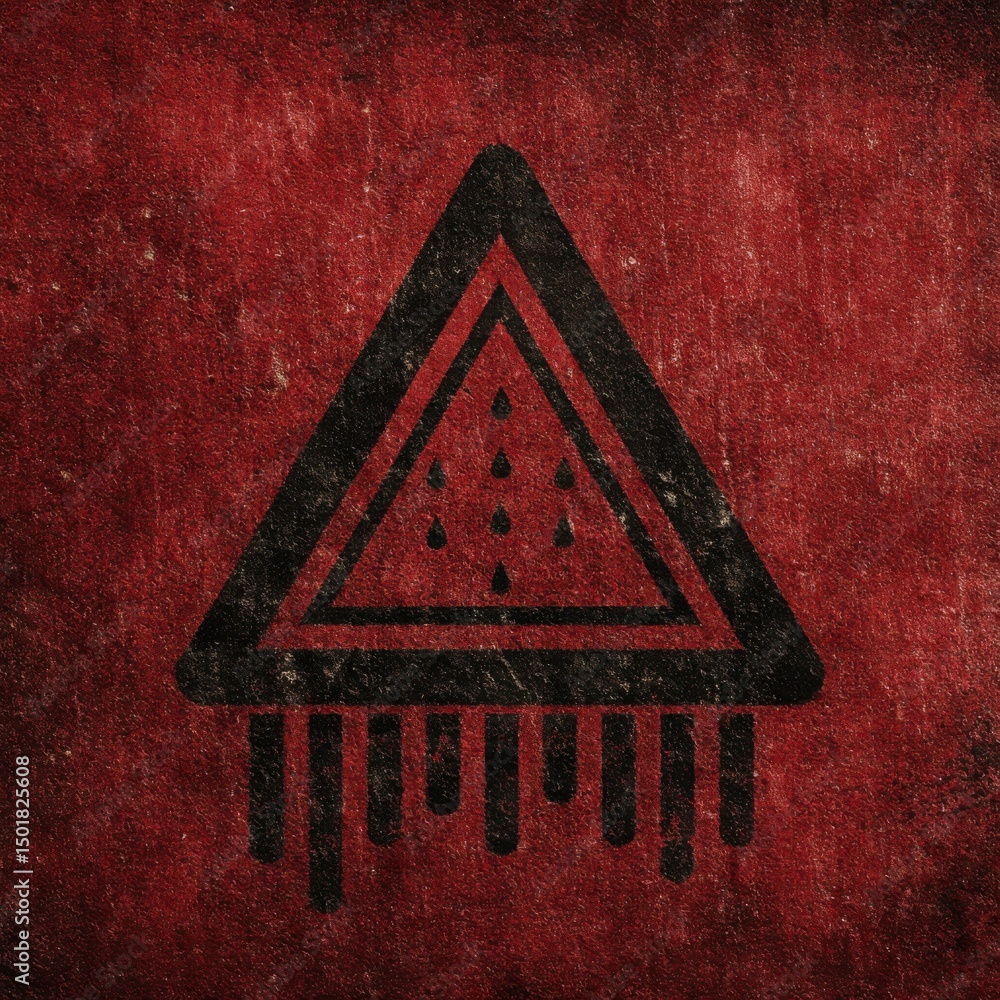 Poster grunge triangle symbol with dripping lines on textured red background artistic graphic design elemen