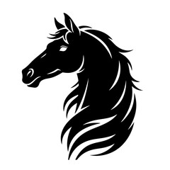 A black silhouette of a horse's head, stylized with flowing mane.