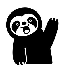 A cheerful sloth waving hello in a black and white illustration.