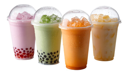 Assortment of bubble tea flavors in clear plastic cups with ice, isolated on transparent background, perfect for a refreshing and colorful beverage concept