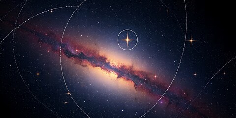 A vibrant nebula stretches across a starry expanse with celestial orbits and a central bright star