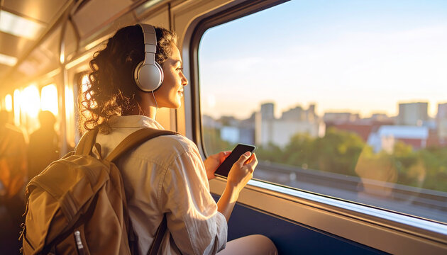 Sunset Commute: Young woman on public transport enjoys the sunset view while listening to music with headphones and looking at her phone.