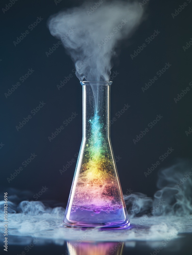 Poster erlenmeyer flask with rainbow liquid and smoke emitting in laboratory setting close up studio shot s