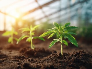 Cannabis Seedlings Growing in Soil Close Up with Sunlight in Greenhouse Cultivation Farm Agriculture
