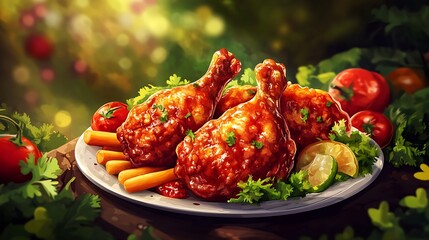 Three glazed chicken drumsticks with fries, tomatoes, and lime wedges.