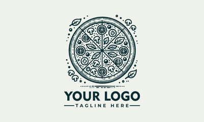 Ornate artistic pizza illustration divided into slices with decorative toppings and circular symmetry. Food concept
