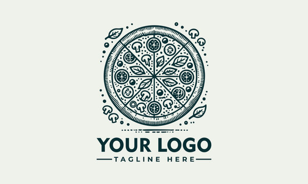 Ornate artistic pizza illustration divided into slices with decorative toppings and circular symmetry. Food concept
