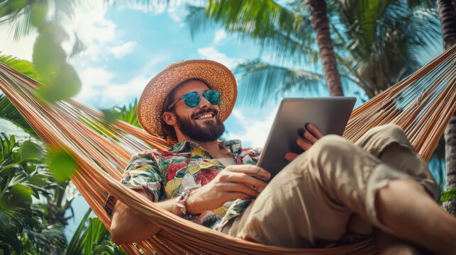 Tropical Relaxation: A man relaxes in a hammock, wearing sunglasses and a hat, enjoying the tranquil ambiance of the tropics while using a tablet.