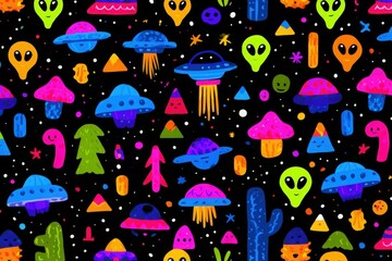 Colorful Aliens and UFOs in Outer Space - Fun Cartoon for Kids, AI Generated