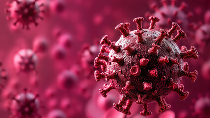 Close-up view of a virus with red spikes on a blurred background