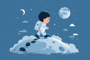 Astronaut Child on the Moon - Cartoon Illustration with Earth View, AI Generated