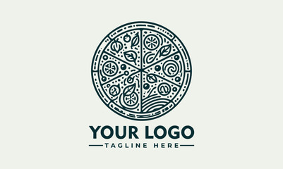 Ornate artistic pizza illustration divided into slices with decorative toppings and circular symmetry. Food concept
