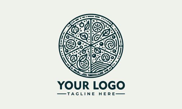 Ornate artistic pizza illustration divided into slices with decorative toppings and circular symmetry. Food concept
