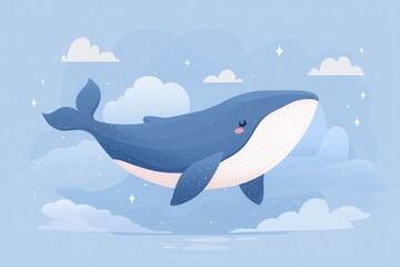 Smiling Whale with Clouds and Stars - Cute Cartoon Illustration for Kids, AI Generated