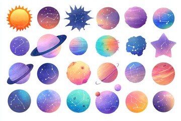 Galaxy Theme for Kids - Stars, Constellations, and Colorful Planets Illustration, AI Generated