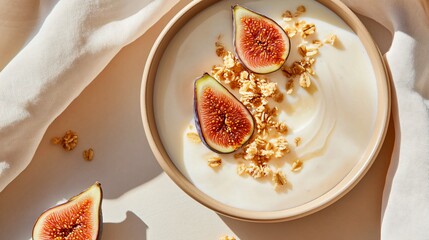 Artfully arranged vanilla yogurt with fig slices and granola crumble, placed on a taupe surface beside soft linen folds, gentle lighting enhancing the textures of each ingredient