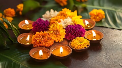 Arrangement of flowers and candles on a dark surface.