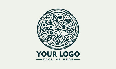 Ornate artistic pizza illustration divided into slices with decorative toppings and circular symmetry. Food concept
