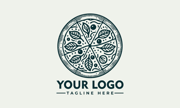 Ornate artistic pizza illustration divided into slices with decorative toppings and circular symmetry. Food concept
