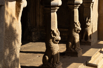 Mahabalipuram lion pillars architecture monuments captured in a golden hours during sunrise morning