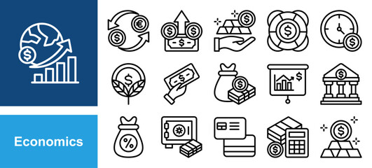 Economics icon collection set. Containing Currency Exchange, Dollar, Assets, Help, Cost, Money Growth icon. Simple line vector.