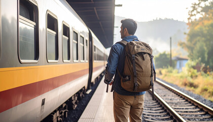 Journey's Beginning: A lone traveler, his back to the camera, pauses on a train platform, ready to embark on an exciting adventure.