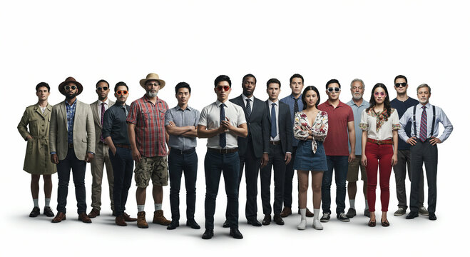 Diverse ensemble stands poised sunglasses glinting