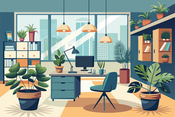 Illustrated home office interior with desk plants modern design and city view