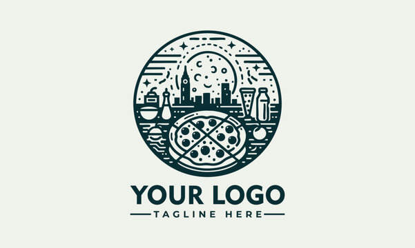 Ornate artistic pizza illustration divided into slices with decorative toppings and circular symmetry. Food concept
