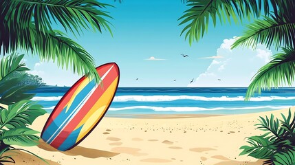 Tropical beach scene with surfboard on the sand.