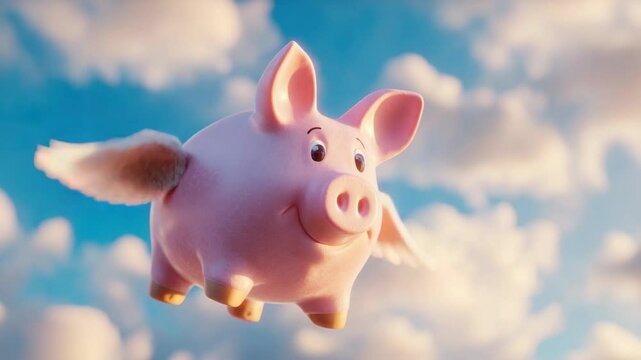 Flying pink pig in a cloudy sky whimsical cartoon illustration image
